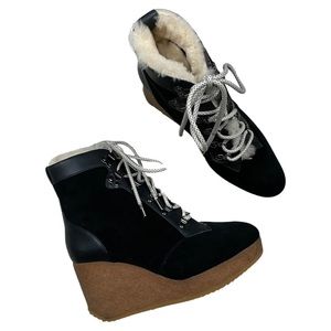 Joie Alary Sherpa Lined Wedge Lace Up Boots Booties